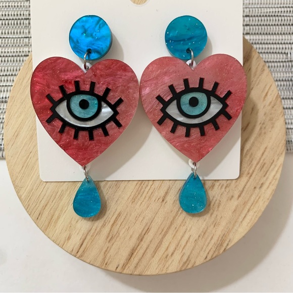 SOLD OUT Evil Eye Love Heart Statement Earrings Acrylic & Stainless Steel Punk - Picture 7 of 7